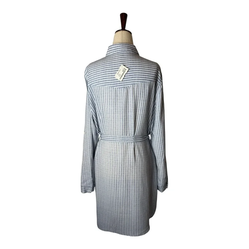 Joy‎ Joy Dress Women Large Blue White Striped Button Front Tie Waist Shirt NWT